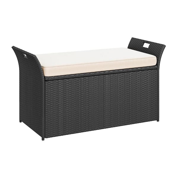 90 Gal. Black Rattan Outdoor Storage Bench with Beige Cushion