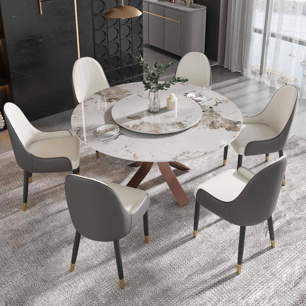 J&E Home Pandora Marble Top 59 in. Pedestal Carbon Steel Base Dining