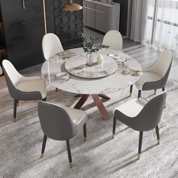 J&E Home Pandora Marble Top 59 in. Pedestal Carbon Steel Base Dining Table Seats 8 with Lazy Susan