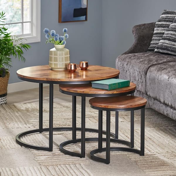 Noble House Ladd 28 in. Honey Brown and Black Round Wood Coffee Table with 3 Pieces