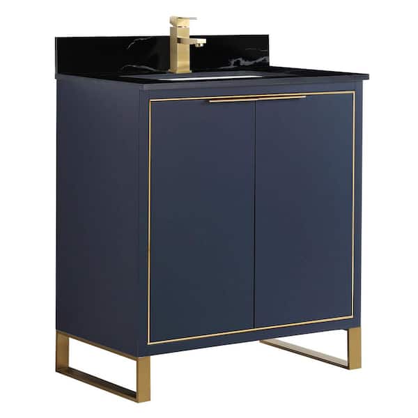 FINE FIXTURES Opulence 30 in. W x 18 in. D x 33.5 in. H Bath Vanity in Navy Blue with Black Marble Single sink Top