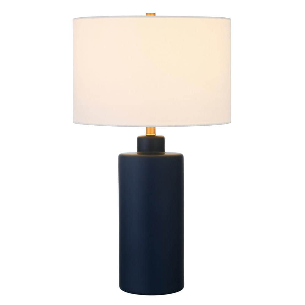 Navy Ceramic Cylinder Nightstand Lamp with White Linen Shade