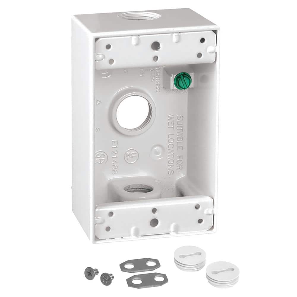 1-Gang Metal Weatherproof Electrical Outlet Box with (3) 1/2 inch Holes, Wh
