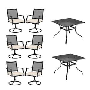 8-Piece Metal Outdoor Dining Set Square Table with Umbrella Hole Swivel Dining Chairs with Beige Cushions