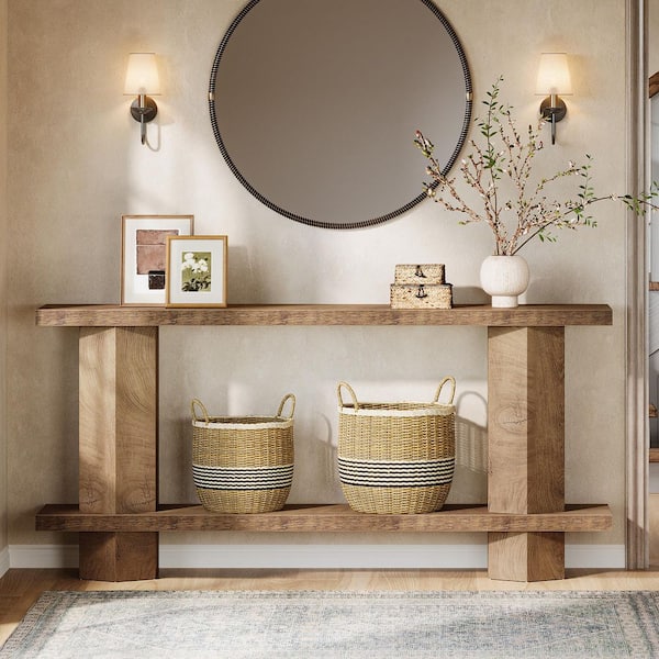 Benjamin 71 in. Long Brown Rectangle Wood Console Table, Farmhouse Entryway Table Behind Couch Sofa Table
