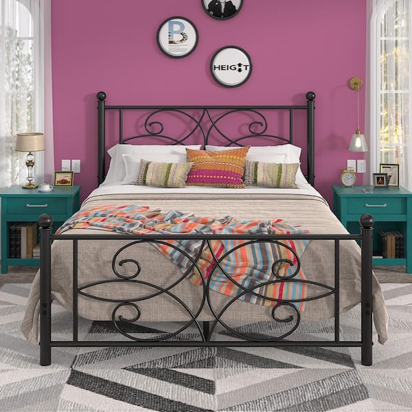 VECELO Victorian Style Bed Black Metal Frame Full Platform Bed with Headboard and Footboard, Heavy Duty Mattress Foundation