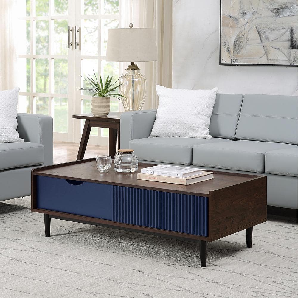 Duane Dark Brown and Navy Blue Wood and Metal Coffee Table with Storage
