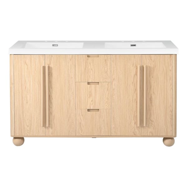 Fully Assembled 60 in. Freestanding Double Vanity Sink Solid Wood Weathered Oak Finish Bath Vanity with White Quartz Top