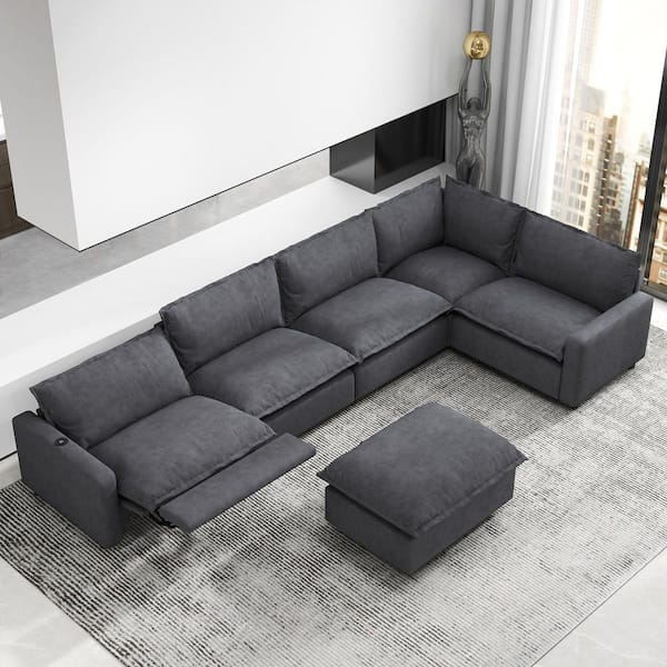 140 in. Square Arm 6-Piece Linen Modular Free Combination Modern Smart Sectional Sofa with Recliner, Heating in Gray