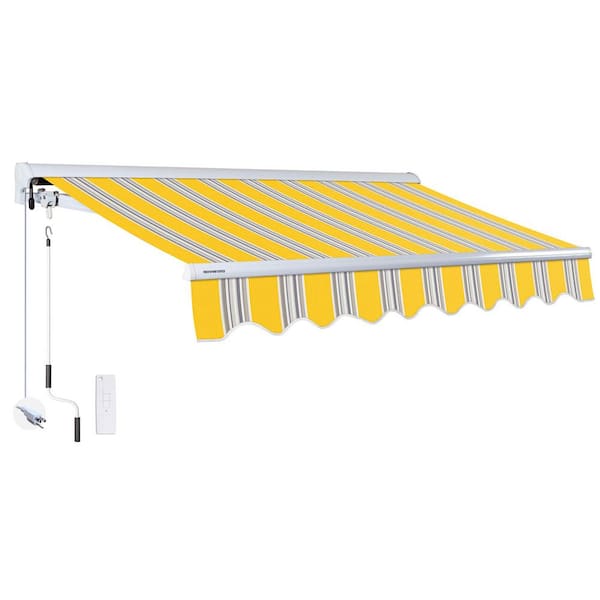 Advaning 16 ft. Luxury Series Semi-Cassette Electric w/ Remote Retractable Patio Awning, Yellow Gray Stripes (10 ft. Projection)
