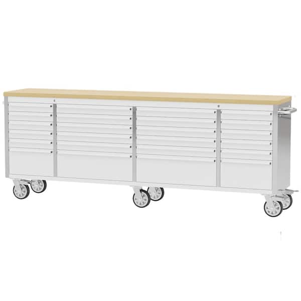 96 in. Stainless Steel Mobile Workbench Cabinet with Wheels, 24-Drawer, Rubber Wood Top, Lock Key for Workshop Storage