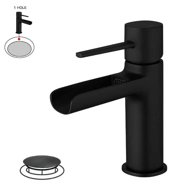 BWE Waterfall Single Handle Single Hole Modern Bathroom Faucet Bathroom Drip-Free Vanity RV Sink Faucet in Matte Black
