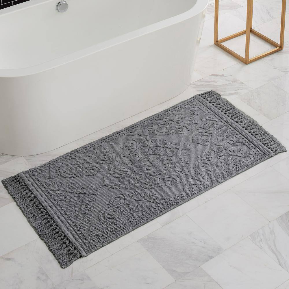 Bohemian Classic Dark Gray Cotton Bath Rug with Fringe 27 x 45 in