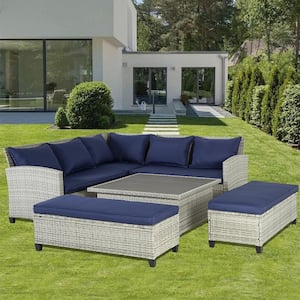 6--Piece Gray Wicker Outdoor Patio Sectional Sofa Conversation Set with Blue Cushions, 1 Lifting table, 2 ottomans