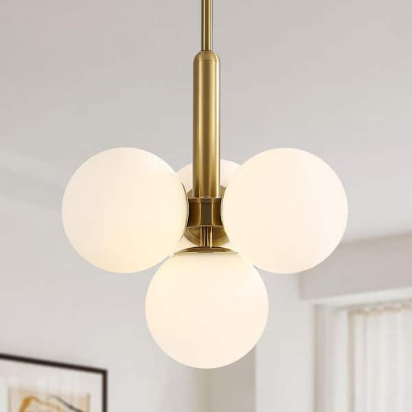 4-Light Brass Mid Century Milk White Globe Glass Shade Pendant Light Height Adjustable Chandelier for Dining Room