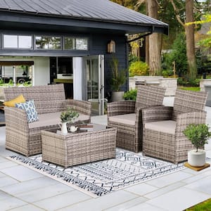 4-Piece Outdoor Patio Wicker Furniture Sectional Sofa set with Gray Cushions and Glass Coffee Table