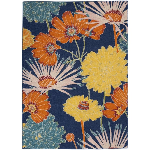 5 ft. x 7 ft. Blue Floral Washable Area Rug