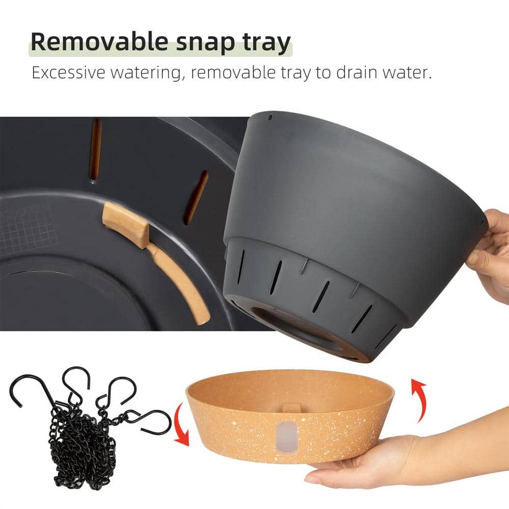 10" Dark Gray Plastic Hanging Planter with Self-Watering Tray