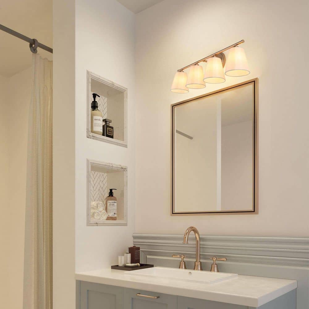 27 in. 4-Light Gold Farmhouse Bathroom Fabric Shaded Vanity Light, Mid-century Modern Powder Room Ambience Wall Light price history on PriceWatchPro