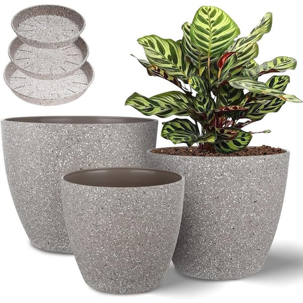 ITOPFOX Modern 9 in. L x 9 in. W x 8 in. H Speckled Beige Plastic Round Indoor Planter (3-Pack)