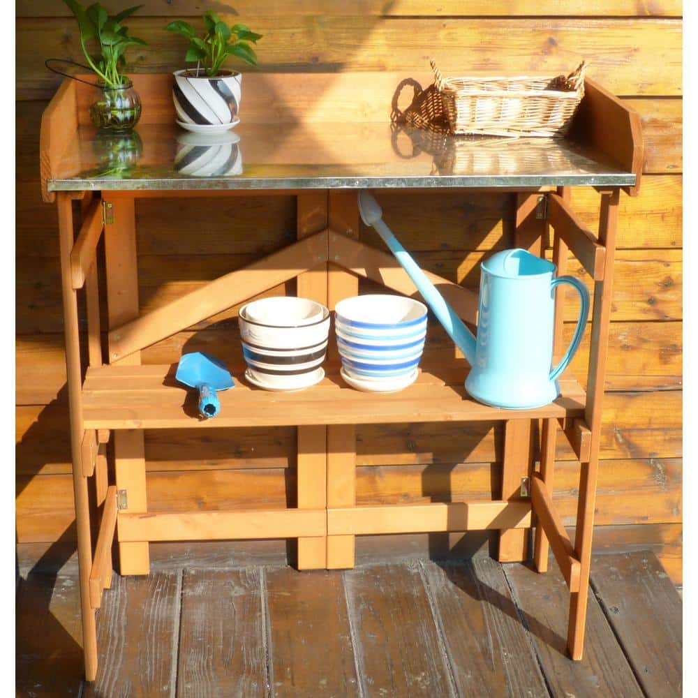 Natural Stained Metal Folding Utility Table & Potting Bench