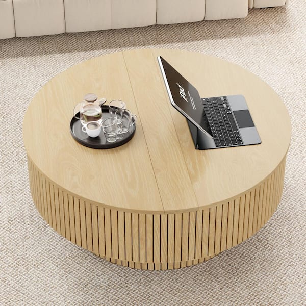 ATHMILE Natural Fluted Round Lift Top Coffee Table, Multi-Level
