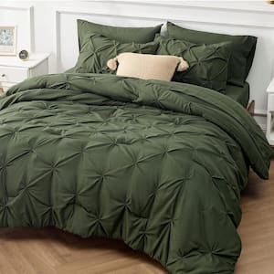 King Size Comforter Set 7 Pieces, Pintuck Bed in a Bag with Comforter, Bed Sheet, Pillowcases and Shams, Olive Green