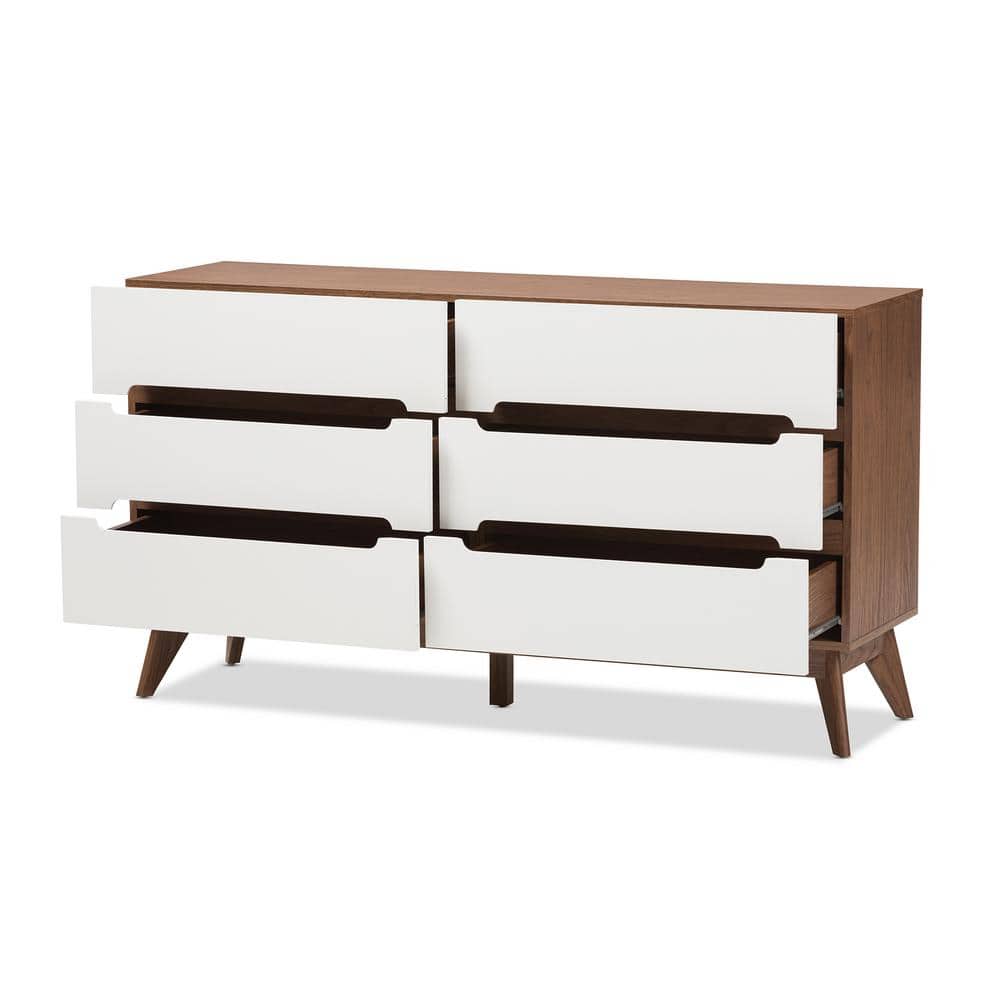 Calypso Mid-Century White and Walnut 6-Drawer Dresser