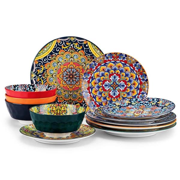 12-Piece Multi-Colored Porcelain Dinnerware Set Service for 4 Dining Set with Dinner Plates Dessert Plates and Bowls