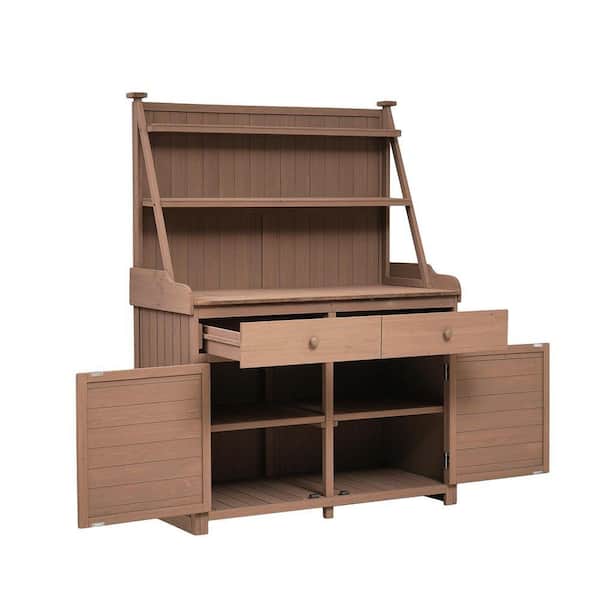 65 in. Brown Fir Wood Garden Potting Bench Table with Storage Shelf, Drawer and Cabinet
