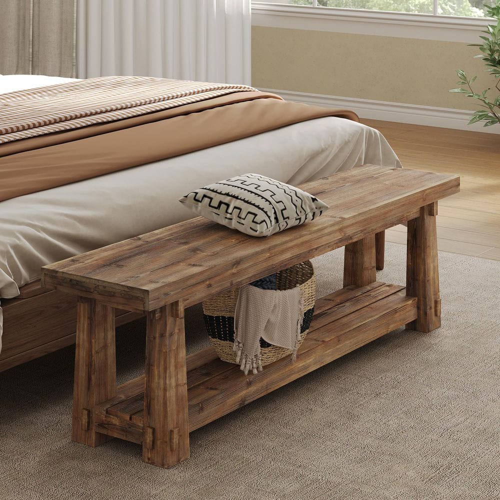 Rita 55 in. Rustic Brown Wood Rectangular 2 Tier Entryway Bench Hallway LivingRoom Modern Simple Shoe Stool 4-Legs price history on PriceWatchPro