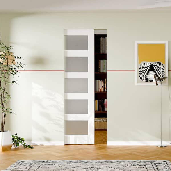 30 in. x 80in. 5 Lite Frosted Glass White Primed Wood Pocket Door with Soft Close, Frame and Hardware Kit Set