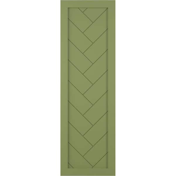 Ekena Millwork 15 in. x 66 in. PVC Single Panel Herringbone Modern Style Fixed Mount Board and Batten Shutters Pair in Moss Green