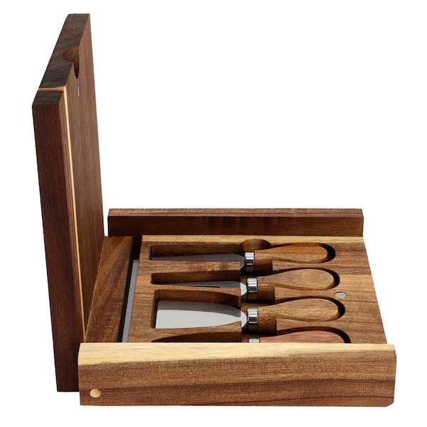 7.8 in. Acacia Wood 5 Piece Square Cheese Board with Knife Set