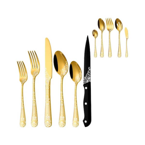 53-Piece Black Stainless Steel Flatware Set for 8 with Serving Utensils and Floral Laser Cutlery Design