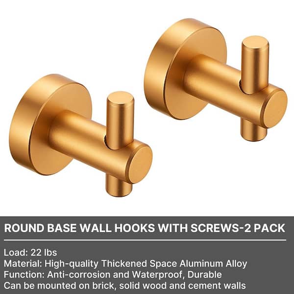 Round Base Bathroom Knob Robe/Towel Hook Wall Hook in Gold, Anti-corrosion and Waterproof (2-Pack)