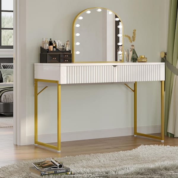 47 in. Rectangular White and Gold 2-Drawers Wood Fluted Computer Desk wth Storage, Makeup Vanity Table