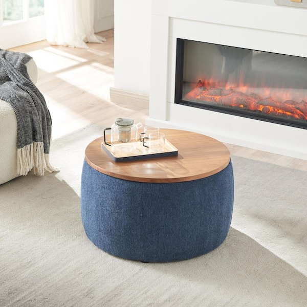 Noble House Monroe Navy Blue Modern Upholstered Linen Round Storage Ottoman, MDF
