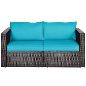 2-Piece Wicker Outdoor Loveseat with Turquoise Cushions
