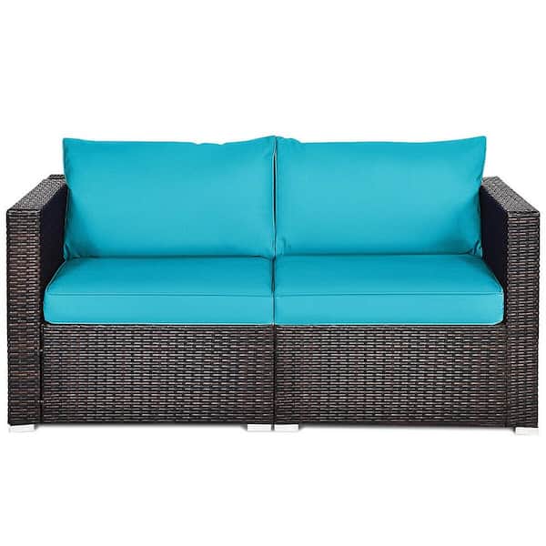 FORCLOVER 2-Piece Wicker Outdoor Loveseat with Turquoise Cushions