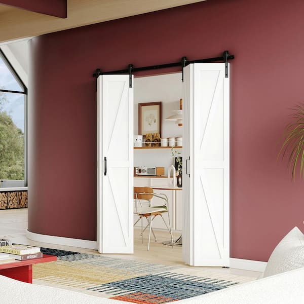 TENONER 48 in. x 84 in. (24 in. x 2 in. ) K-Shaped Bi-Fold MDF White Pre-drilled Sliding Barn Door with Hardware Kit Set