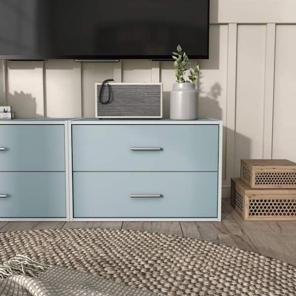 Quincy 15.74 in. Tall Stackable Light Blue Engineered Wood Modern Modular Cabinet Bookcase With 2 Drawers