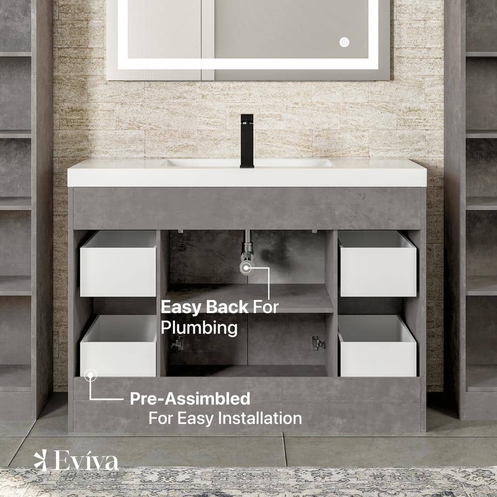 Lugano 42" Cement Gray Modern Bathroom Vanity with White Acrylic Sink
