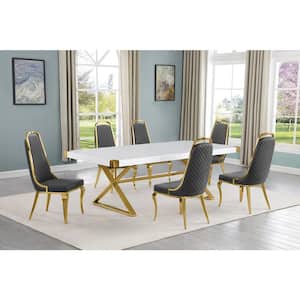 Miguel 7-Piece Rectangle White Wood Top Gold Stainless Steel Dining Set with 6 Dark Gray Chairs