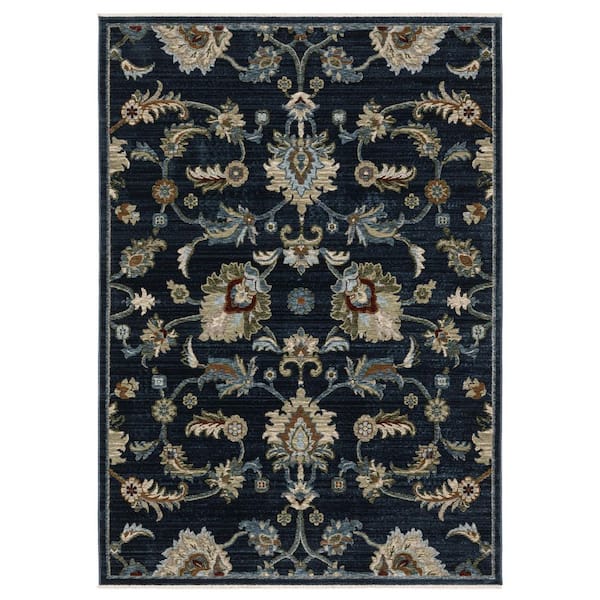 3' X 5' Navy Blue Tan And Teal Oriental Area Rug With Fringe