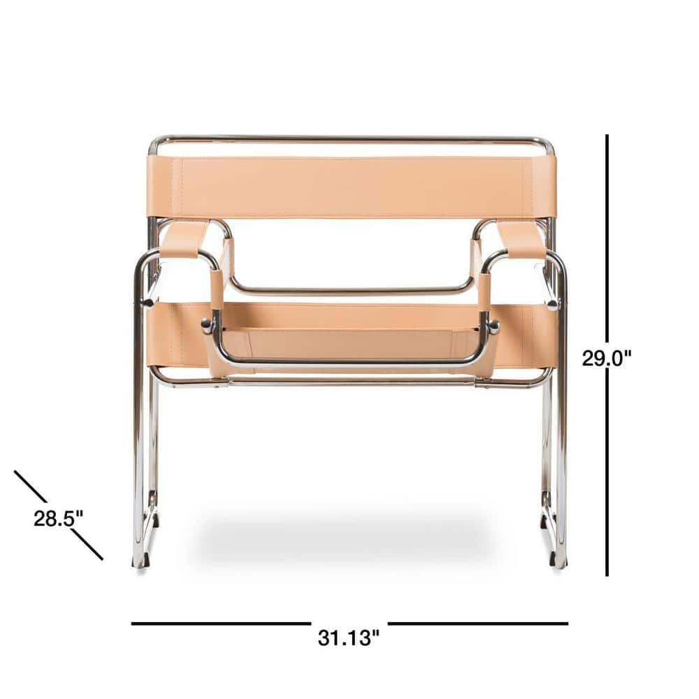 Mid-Century Tan Leather and Chrome Metal Accent Chair