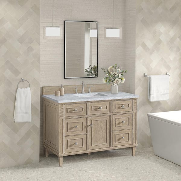 James Martin Vanities Lorelai 48.0 in. W x 23.5 in. D x 34.06 in. H Single Bathroom Vanity in Whitewashed Oak with Carrara White Marble Top