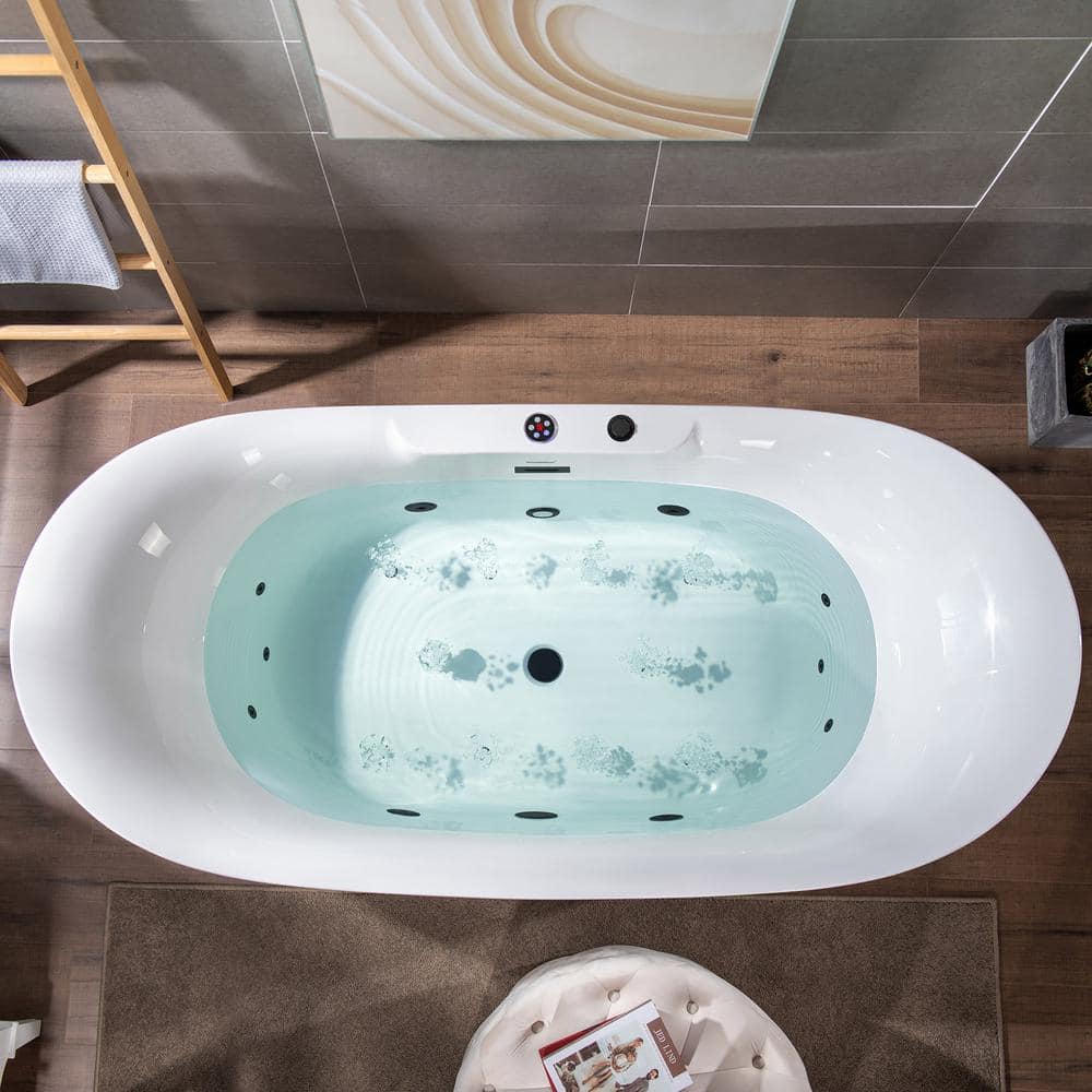 72" White Acrylic Freestanding Whirlpool Bathtub with Matte Black Hardware