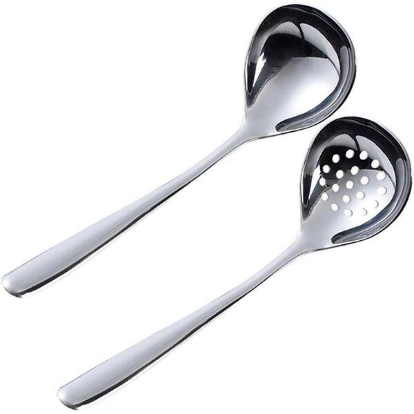 2 Piece Stainless Steel Slotted Spoon and Soup Ladle Set Silver Dishwasher Safe Hotpot Buffet Cookware Utensil