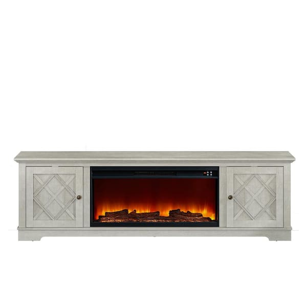 78 in. Farmhouse Freestanding Wooden Electric Fireplace TV Stand in Off-white for TVs up to 80 in.